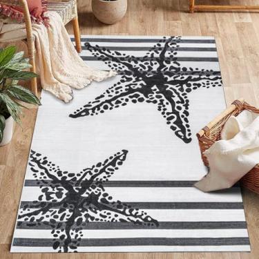 Imagem de ESSMOKO Tapete de sala de estar em estilo nórdico moderno, tapete de quarto, tapete de lã artificial, lavável na máquina, fácil de cuidar, 50 x 80 cm, estrela do mar preto