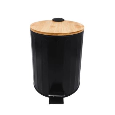 Imagem de Lixeira Preta Redonda 5 Litros Com Tampa De Bambu Para Casa