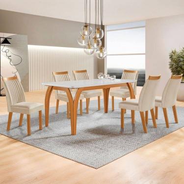Imagem de Mesa de Jantar 6 Lugares Agata com Vidro Castanho/Cinamomo/Suede Creme - Lj Móveis
