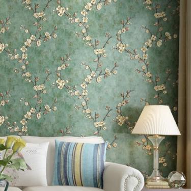 Imagem de Papel de parede floral verde escuro vintage descasque e cole papel de contato de flores em relevo 3D não tecido dourado floral árvore papel decorativo para armários quarto sala de estar parede 52,8 cm