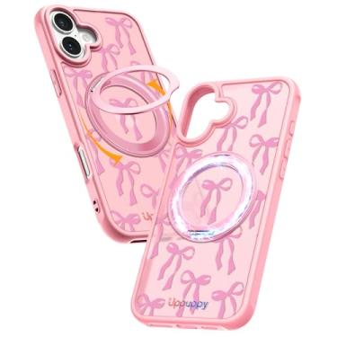 Imagem de Uppuppy Capa para iPhone 16 Plus com anel magnético rotativo de 360° - Compatível com MagSafe, material semitransparente de toque suave, à prova de choque, lindo design de laço de fita rosa para