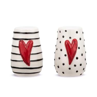 Imagem de DEMDACO Heartful Home by Tracy Pesche Collection Red Heart Black and White Stripe Dot 3 x 2 grés com rolha de silicone, conjunto de saleiro e pimenteiro