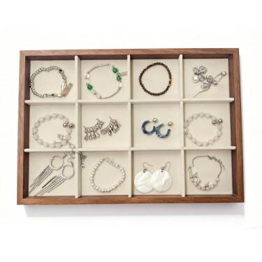 Imagem de HOUKANWE Bandeja organizadora de joias para gavetas, suporte de brinco, estojo de exibição empilhável, grande organizador de gaveta de joias com divisor removível para brincos, anéis e pulseira (bege