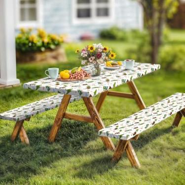 Imagem de Wathon Toalha de mesa de piquenique com capas de banco de 1,8 m, 3 peças, toalha de mesa de acampamento reutilizável, à prova d'água, à prova de óleo, com borda elástica para pátio interno e externo