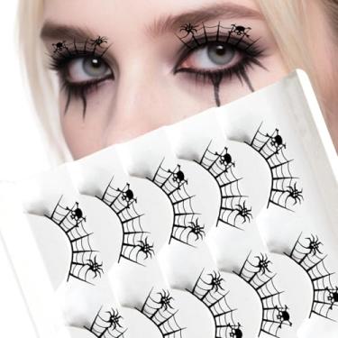 Imagem de 5 pares de cílios postiços de Halloween, formato de teia de aranha com design de aranhas e caveiras, cílios góticos para fantasia de Halloween, baile de máscaras, festa elegante, reutilizável, cílios
