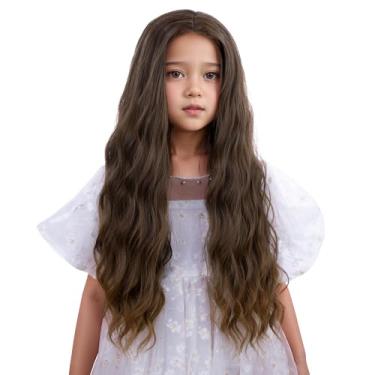 Imagem de Edivd Peruca infantil marrom ombré longa marrom claro ondulado cacheado peruca para meninas e crianças perucas sintéticas resistentes ao calor com touca
