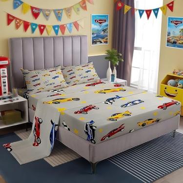Imagem de Jogo de lençol solteiro de carro de corrida, bonito jogo de bandeira quadriculada, fácil de lavar, competição de esportes radicais, decoração de quarto infantil, cinza, amarelo, vermelho, azul (com