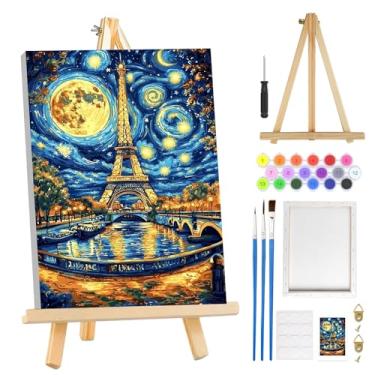 Imagem de MOGTAA Kit de pintura por números da Torre Eiffel para adultos iniciantes com moldura, pintura abstrata para adultos kits de pintura por números em tela com cavalete, kits de pintura a óleo DIY fáceis