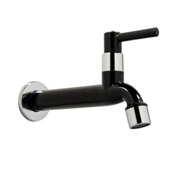 Imagem de Torneira de Parede para Tanque e Cozinha, ABS, Acabamento Brilhante, Preta, Uso em Lavanderia/Jardim/Tanque, Montagem na Parede, 1/4 de Volta, com Arejador Removível