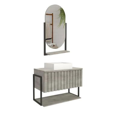 Imagem de Armário Banheiro 80Cm Mdf Aço Cuba Espelheira Porta Cinza