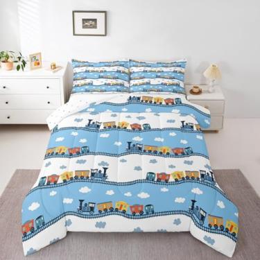 Imagem de Erosebridal Jogo de cama Queen, com estampa de locomotiva, caminhão, caminhão, caminhão, azul e branco, para meninos e meninas, com nuvens brancas e azul