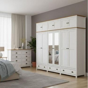 Imagem de Conjunto Guarda-Roupa 12 Portas e Cômoda 8 Gavetas 100% Madeira Maciça - Topázio Finestra Móveis Branco/Freijó