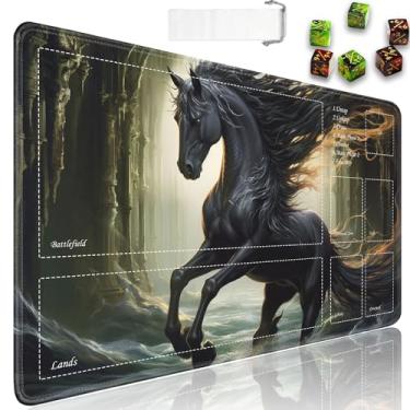 Imagem de Tapete de brinquedo TCG, tapete com zonas, borracha antiderrapante de 61 x 35 cm para MTG Playmat com cordão e bolsa de viagem e 6 dados, Dark Horse legal para tapete MTG, tapetes de jogos de cartas