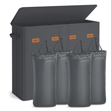 Imagem de SONGMICS Cesto de roupa suja de 210 L, classificador de cesto de roupa suja de 4 compartimentos com tampa, etiquetas, sacos de forro removíveis, para quarto, cinza escuro URLH014G01