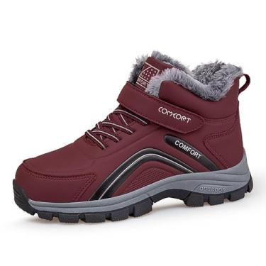 Imagem de Forevercan Botas femininas de couro com plataforma de gancho e laço para neve confortáveis e forradas com pele quente, impermeável, antiderrapante, para caminhadas ao ar livre, botas de lazer de