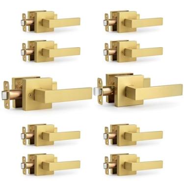 Imagem de LOQRON Pacote com 10 maçanetas de porta de passagem resistentes de ouro escovado sem trava, maçaneta de porta interior de design quadrado sem trava, alça reversível para fechadura de porta de corredor