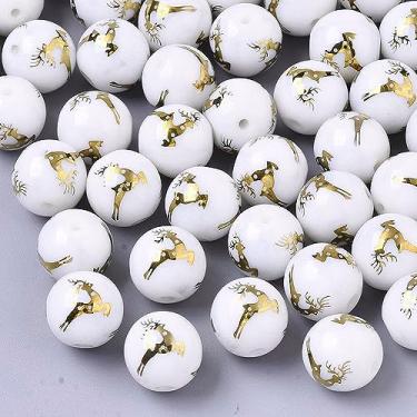Imagem de Elecrelive 20 peças de contas de vidro de alce de Natal 10 mm contas de vidro redondas de veado de Natal banhadas a ouro para colar, pulseira, brinco, lembrancinha de festa de Natal