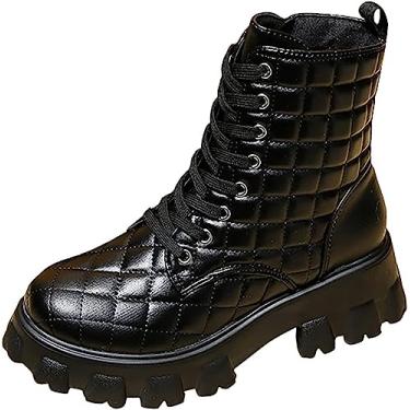 Imagem de Botas de combate femininas femininas com zíper nas costas bico redondo botas de cano curto moda com cadarço botas de salto baixo botas de vaqueira, Preto, 41 BR