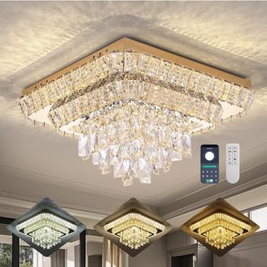 Imagem de Miuyhji Elegante Luminária De Teto Em Formato Gota Chuva Com Cristal Dourado Led, Lustre Quadrado 18" Embutido Controle Remoto Para Sala Estar, Cozinha, Ilha, Quarto, Corredor, Hall Entrada (Reguláv