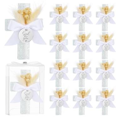 Imagem de 12 conjuntos de lembrancinhas de festa de batismo para convidados de primeira comunhão, ímã de batismo de cruz de madeira com flores para festa de chá de bebê Bless, presente de batismo, revelação de