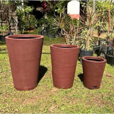 Imagem de Conjunto de Vasos Redondos Escovados para Plantas, Polietileno, Branco e Marrom, Kit 3 Peças com Pratos Coletores, Estilo Coluna (marrom)