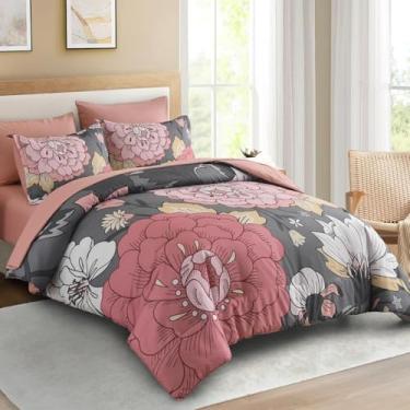 Imagem de DJY Conjunto de edredom floral, tamanho king, cama em um saco, 7 peças, blush botânico, boêmio, conjunto de cama completo de microfibra macia para todas as estações (rosa) / cinza, 264 x 221 cm)