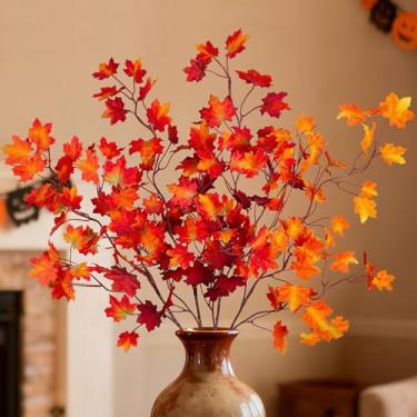 Imagem de Ammyoo 4 peças de folhas de bordo de outono, plantas artificiais de folhagem de outono para decoração de vasos, hastes longas de seda sintética para casa, mesa de fazenda, outono, festa de Ação de