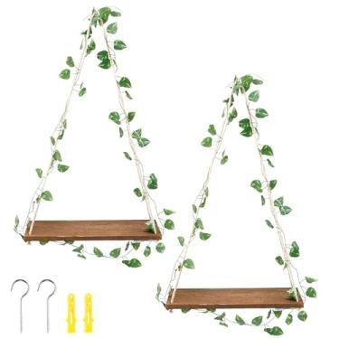 Imagem de KHZSPP Conjunto de 2 prateleiras para pendurar na parede com tira de LED artificial de madeira, prateleira flutuante de madeira rústica para quarto, banheiro, sala de estar, berçário, dormitório