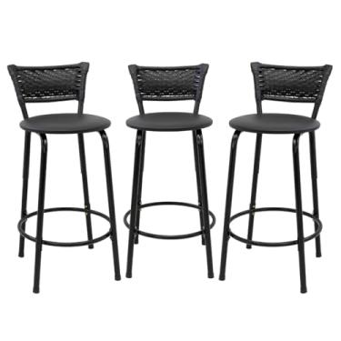 Imagem de Kit 3 Banco Para Bancada Cozinha Gourmet Estrutura Preta Encosto Junco Preto Balcão Ilha Bar Banqueta 60cm Itagold (Assento Preto)