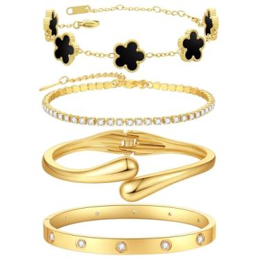 Imagem de PDWZNBA Conjunto de pulseiras banhadas a ouro 18K – trevo floral, tênis, punho grosso ajustável, pulseira clássica banhada a ouro de aço inoxidável, não mancha, pulseira empilhável presente para
