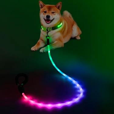 Imagem de YFbrite Coleira para cães com iluminação à prova d'água com 15 modos de piscar - Coleira LED super brilhante para cães pequenos, médios e grandes - Leashes leves tipo C recarregáveis para cães