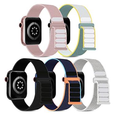Imagem de Pacote com 5 pulseiras esportivas compatíveis com Apple Watch 38 mm, 40 mm, 41 mm, 42 mm, 44 mm, 45 mm, pulseira de substituição elástica trançada de nylon macio para iWatch Series 7/6/5/4/3/2/1/SE (preto/rosa rosa/branco cime/azul marinho/sol, 42 mm/44 mm/45 mm)