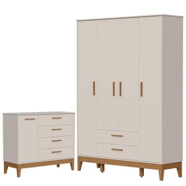 Imagem de Guarda Roupa Infantil Flip 4 Portas Com Cômoda Sapateira Infantil Flip Areia Acetinado - Reller