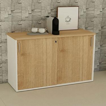 Imagem de Armário para Escritório Baixo 120cm X 74cm com 2 Portas de Correr e Chave Corporate Carvalho Treviso / Branco