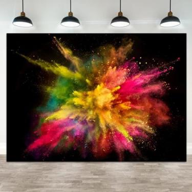 Imagem de ASDCXZ 2,1 x 1,5 m Pano de fundo colorido respingo de tinta colorida bombas de fumaça para fotografia explosão de pó de cor abstrata em fundo preto papel de parede arco-íris indiano Holi Festival