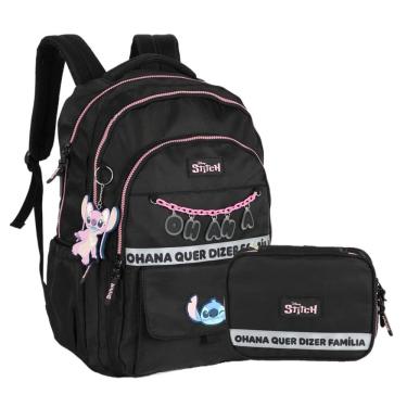 Imagem de Kit Mochila de Costas G + Estojo Box Stitch Disney | Preto Pink | 2 Peças Ohana | Chaveiro Angel