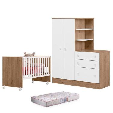 Imagem de Berço Nacional 3540 E Guarda Roupa Cômoda 4070 Doce Sonho Carvalho Rústico Toq Branco E Colchão