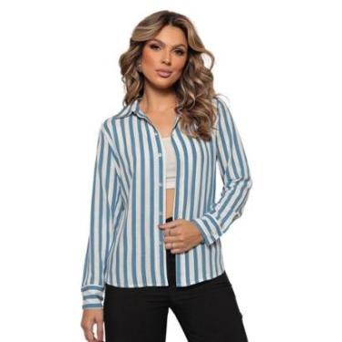 Imagem de Camisa Feminina Listrada Manga Longa Com Botões Social Casual-Feminino