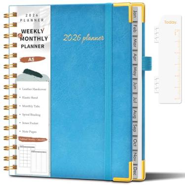 Imagem de Agenda A5 2026, agenda semanal e mensal de janeiro de 2026 a dezembro de 2026, agenda horária de couro de capa dura de 14,6 cm x 21,3 cm com abas, agenda diária em espiral para escola, trabalho, casa