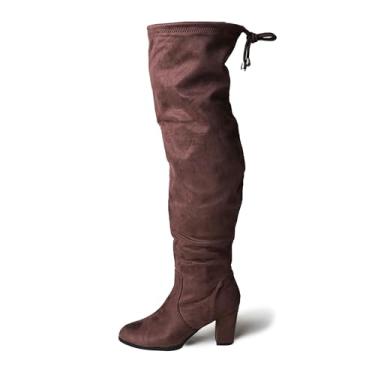 Imagem de J. Adams Botas femininas de cano alto acima do joelho Aspen – salto alto grosso elegante para outono e inverno, Camurça vegana marrom, 37