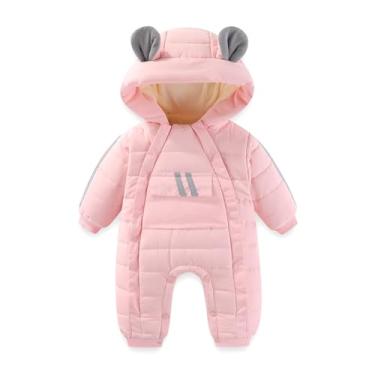 Imagem de JiAmy Macacão de inverno com capuz e urso de bebê para meninas, meninos, com zíper, rosa, 3 a 6 meses