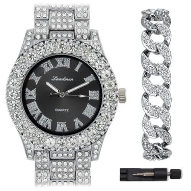 Imagem de ICEDTAG Conjunto de relógio e pulseira com algarismos romanos luxuosos com pedras grandes, mostrador colorido, Ouro branco - conjunto preto, Regular, Decoração de festa chá de bebê dia dos namorados