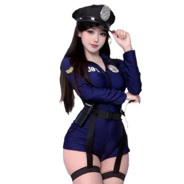 Imagem de YOMORIO Fantasia feminina sexy de polícia com zíper frontal e manga comprida com chapéu, roupa de cosplay de policial