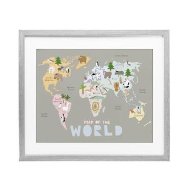 Imagem de Stupell Industries Impressão emoldurada cinza do mapa do mundo infantil sob vidro, design de Carla Daly, 13 x 16
