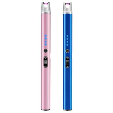 Imagem de Pacote com 2 Isqueiros Elétricos Recarregáveis por USB Isqueiros de Arco de Plasma À Prova de Vento Isqueiros Sem Chama Tipo C Longo com Interruptor de Segurança para Velas Churrasco Camping