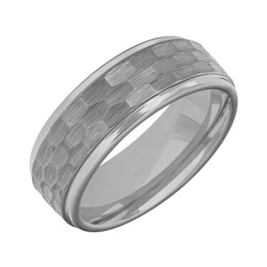 Imagem de Brilliant Expressions Aliança de casamento masculina de carboneto de tungstênio 8 mm acabamento martelado anel cinza com bordas de degrau ajuste confortável durável perfil de cúpula baixa – resistente