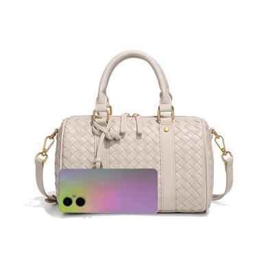 Imagem de Bolsa feminina de tecido transversal de couro, bolsa de mão tecida à mão com alça de ombro ajustável, Bege, Medium