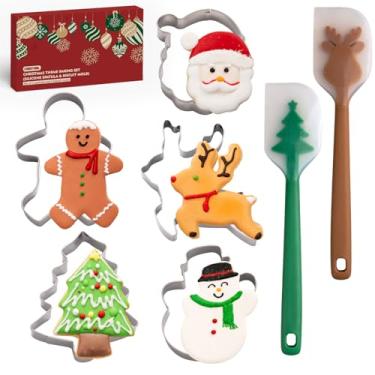 Imagem de Conjunto de cortadores de biscoito de Natal - 7 peças de cortadores de biscoito de Natal com espátula de silicone, molde de cozimento de aço inoxidável, árvore de Natal, cortador de biscoito de Papai