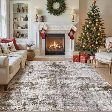 Imagem de DMOYEST Tapetes de sala de estar – 20 x 25,4 cm lavável abstrato grande macio tapete neutro moderno de pilha baixa para quarto, sala de jantar, casa de fazenda, escritório em casa - marrom escuro