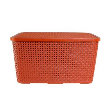 Imagem de Caixa Organizadora Rattan, Cesto com Tampa em Terracota, Design Trançado, 7 Litros, Organizador para Casa